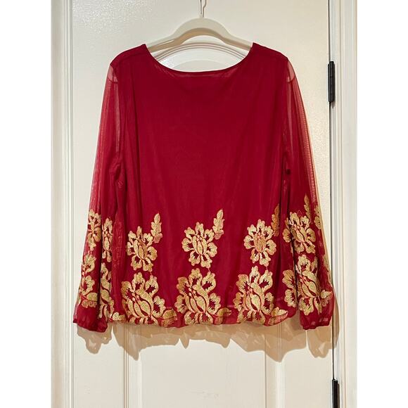 ALFANI PETITES Red Sheer Poet Sleeve Floral Blouse Size Large - Picture 3 of 5